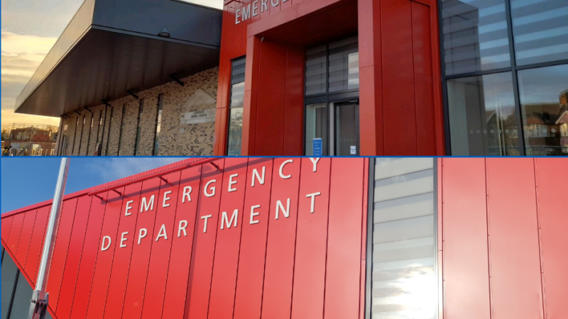 The image is split horizontally down the middle. The top half features the Scunthorpe Emergency Department at sunset. The doorway of the building is glass, surrounded by red cladding. The bottom half of the image is Grimsby's Emergency Department. It is mostly red clad, with a vertical strip of windows.