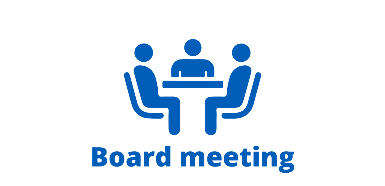 A graphic of three people taking part in a meeting. Above them are the words "Board meeting"